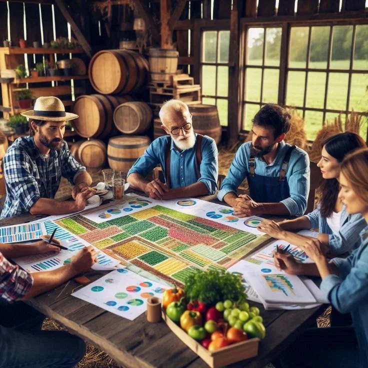 grupo de agricultores e especialistas agrícolas reunidos em um celeiro rústico, em torno de uma grande me