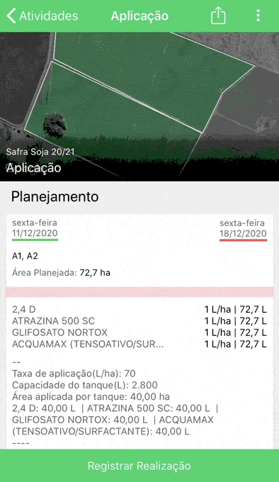 O GIF exibe a tela de ‘Aplicação’ de um aplicativo de gestão agrícola, provavelmente o Aegro, demonstrando o planejamento de