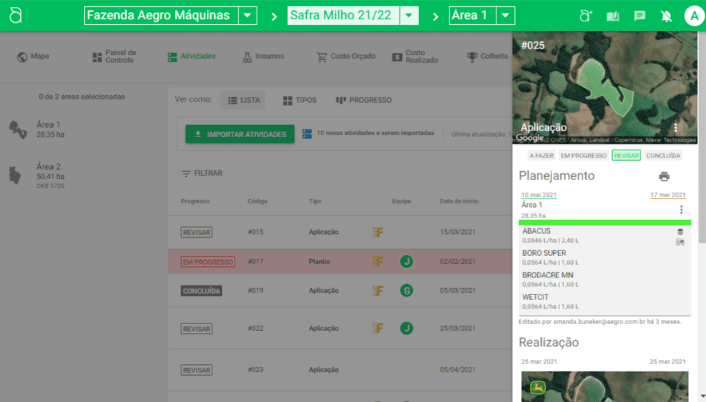 a tela de ‘Atividades’ do software de gestão agrícola Aegro. A interface é dividida em duas seções principais.