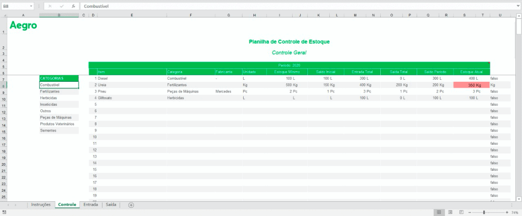 uma captura de tela de uma planilha de controle de estoque, desenvolvida em um software como Excel ou Google S