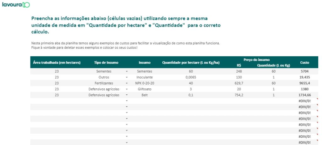 uma captura de tela de uma planilha de cálculo de custos agrícolas, identificada pelo logo ‘Lavoura IO’. A pla