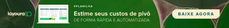 Banner promocional com fundo verde que exibe uma imagem aérea de um sistema de irrigação por pivô central em uma lavoura. No