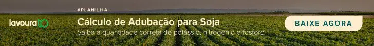 banner promocional com uma fotografia de uma extensa lavoura de soja como plano de fundo. As fileiras verdes e