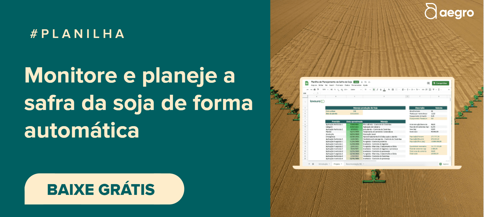 material promocional da Aegro, dividido em duas seções. À esquerda, sobre um fundo verde escuro, há um texto em
