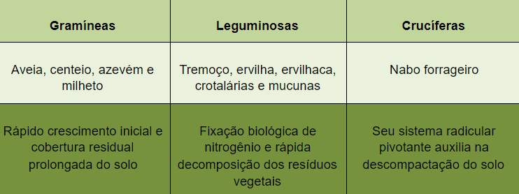tabela comparativa que classifica plantas de cobertura em três famílias principais: Gramíneas, Legumin