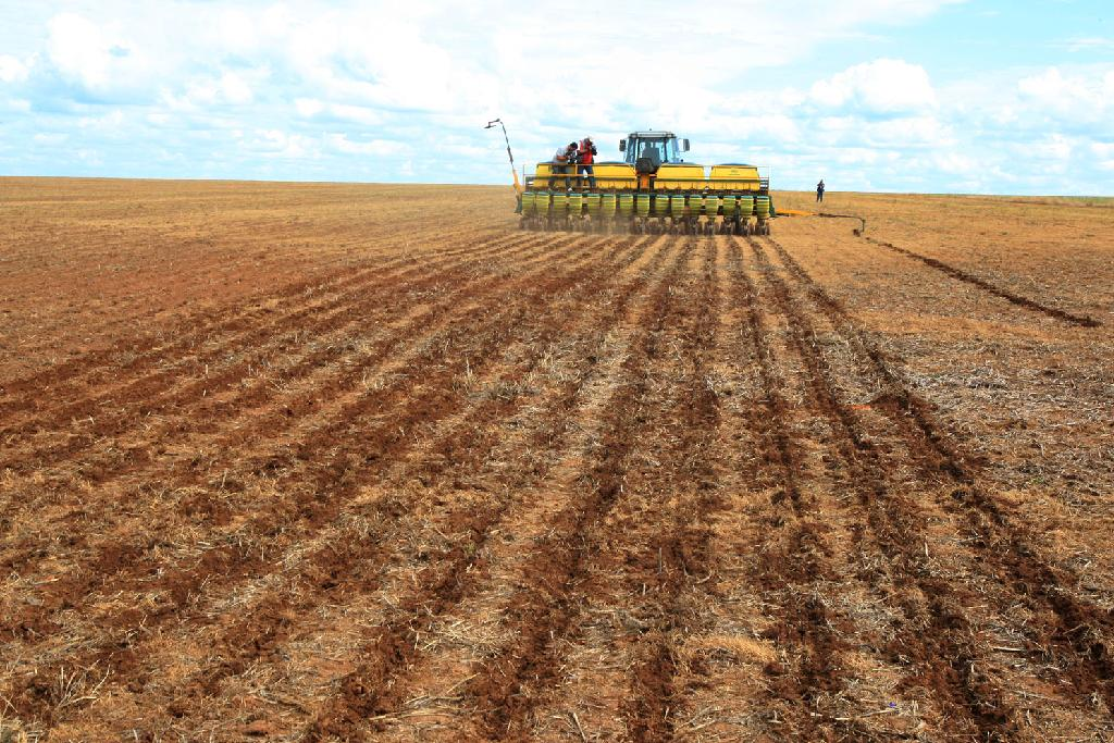 operação de plantio mecanizado em larga escala em uma vasta área agrícola. Em primeiro plano, o solo de