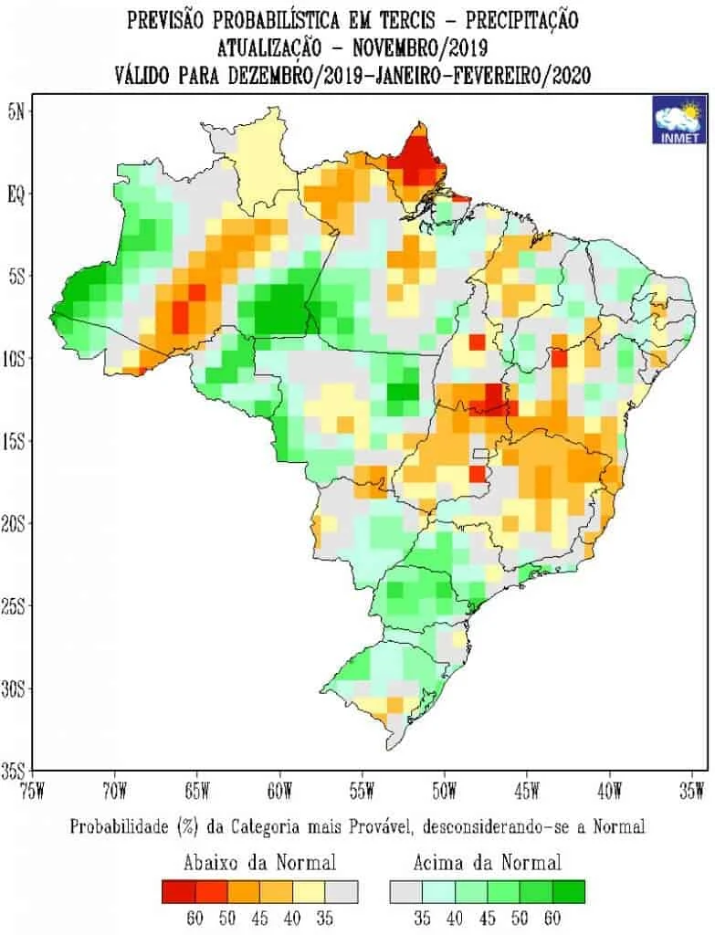 mapa do Brasil com a ‘Previsão Probabilística em Tercis - Precipitação’, uma análise climática emitida pelo