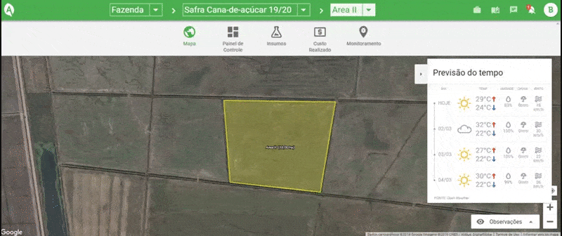 interface do software de gestão agrícola Aegro, mostrando a funcionalidade de mapa integrado com previsão do
