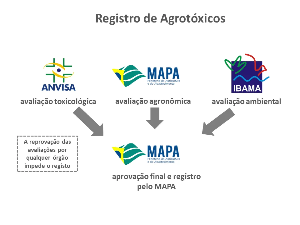 infográfico que ilustra o processo de registro de agrotóxicos no Brasil. No topo, o título ‘Registro de Agrotóx
