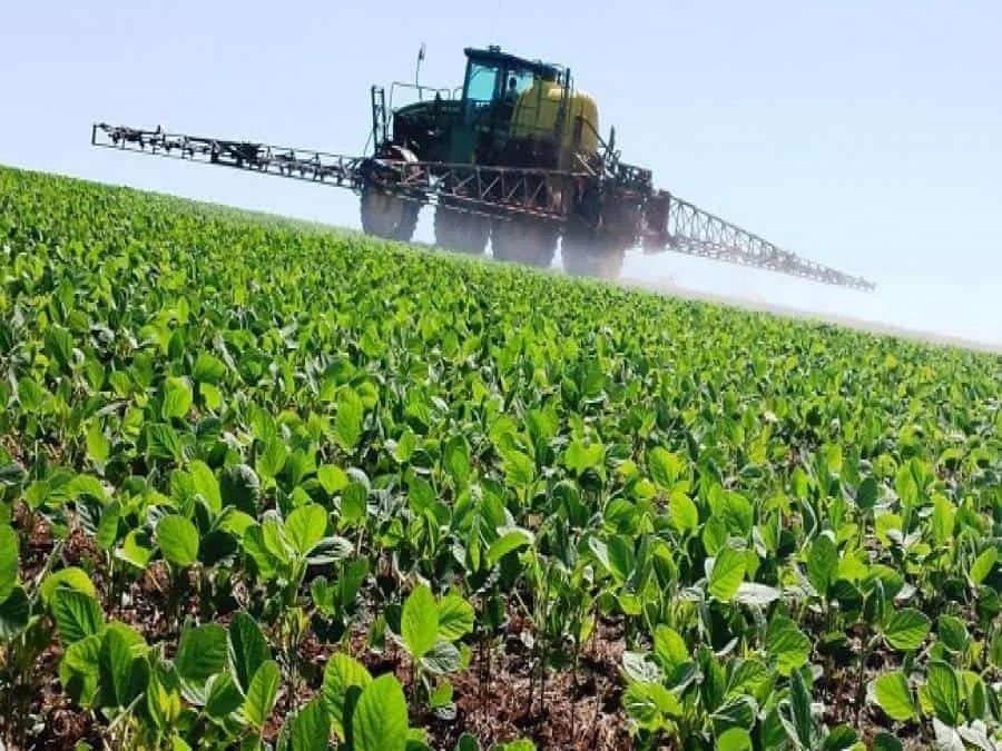 cena de agricultura moderna e em grande escala. Em primeiro plano, vemos uma plantação de soja em estági