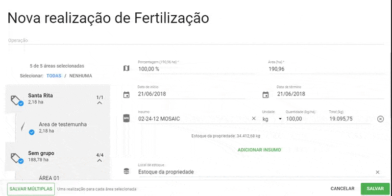 Este GIF animado demonstra a interface do software Aegro para o registro de uma ‘Nova realização de Fertilização’. A tela é d