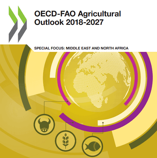 capa do relatório ‘OECD-FAO Agricultural Outlook 2018-2027’, uma publicação conjunta da OCDE e da FAO. O des