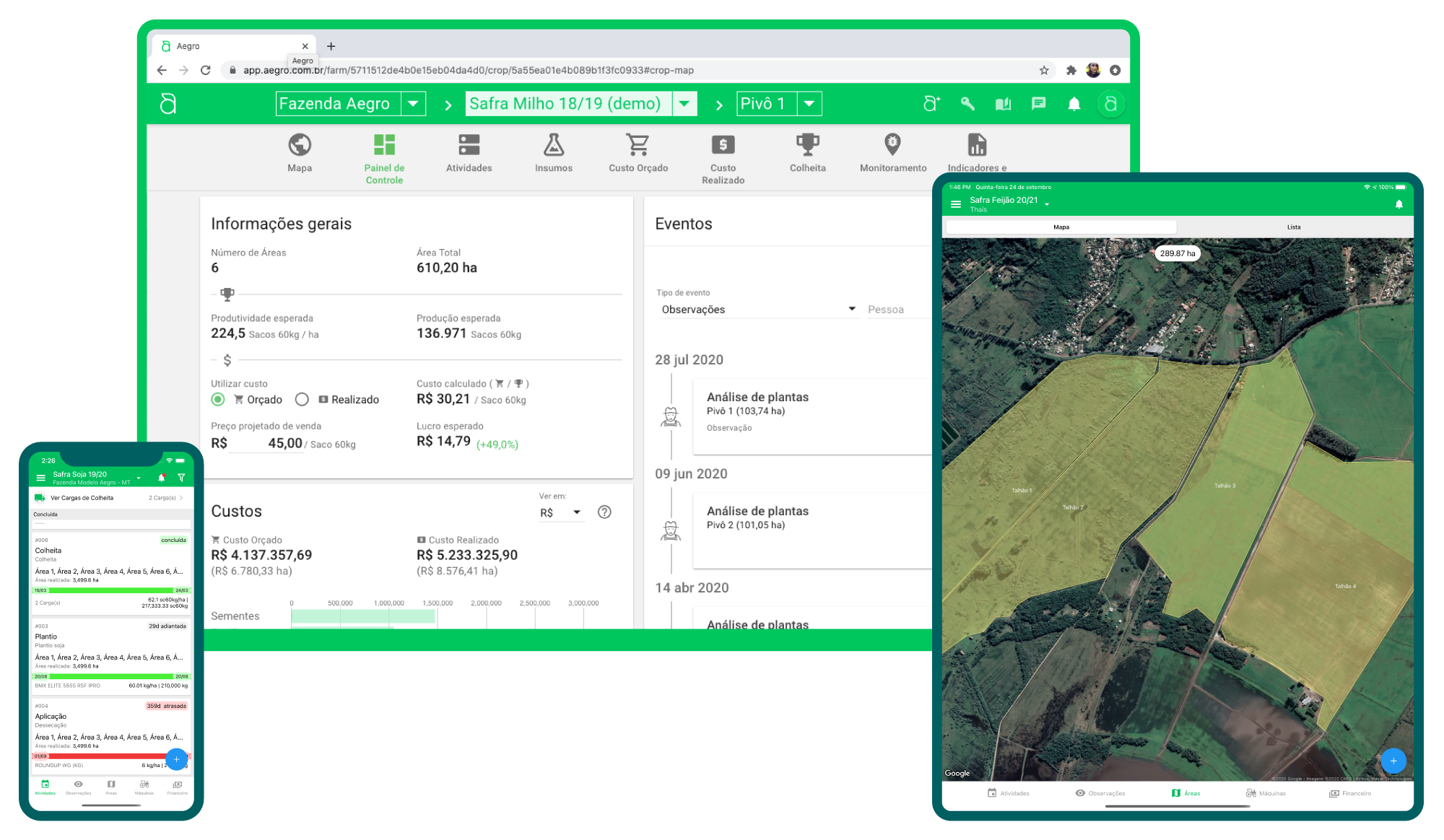 interface do software de gestão agrícola Aegro em três dispositivos diferentes: um navegador de desktop, um