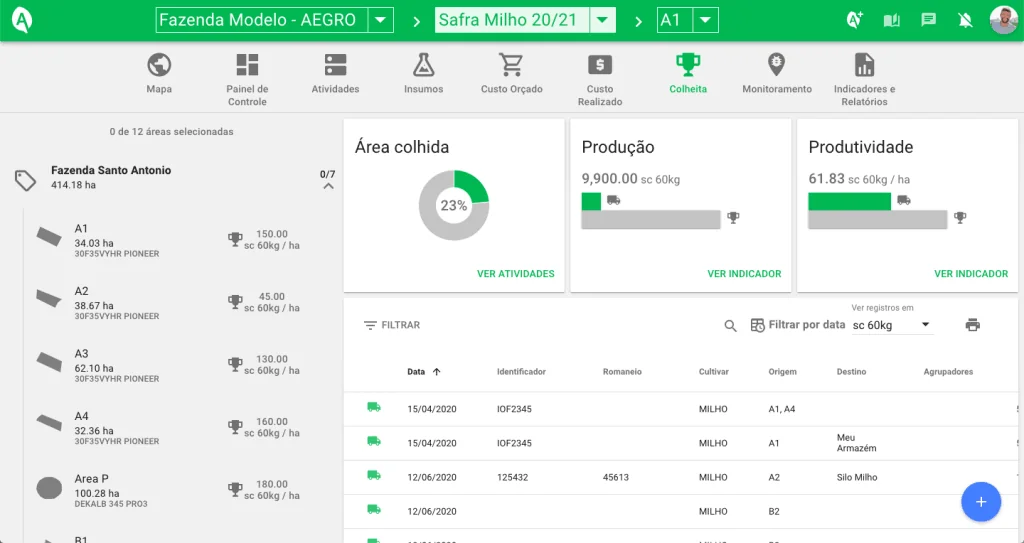 a tela da funcionalidade de ‘Colheita’ do software de gestão agrícola Aegro. A interface, limpa e organizada,