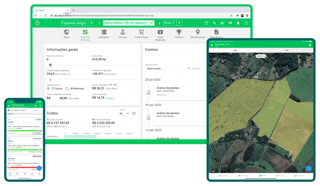 a interface do software de gestão rural Aegro em três dispositivos diferentes: um computador desktop, um table
