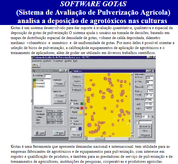 A imagem apresenta o ‘Software Gotas’, um Sistema de Avaliação de Pulverização Agrícola. O layout é informativo, semelhante a