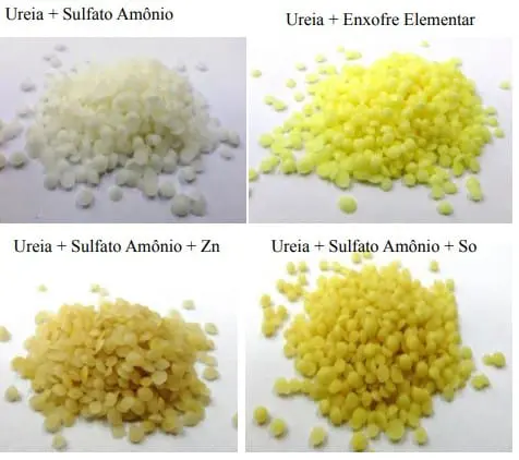 montagem fotográfica dividida em quatro quadrantes, cada um exibindo uma amostra de fertilizante granulado sob