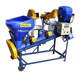uma máquina agrícola para tratamento de sementes, modelo ‘TURBO LONGA’ da marca Mecmaq, sobre um fundo branco.