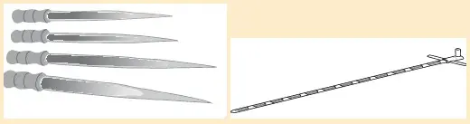 Ilustrações de caladores simples para sacarias e sonda manual para grãos a granel.