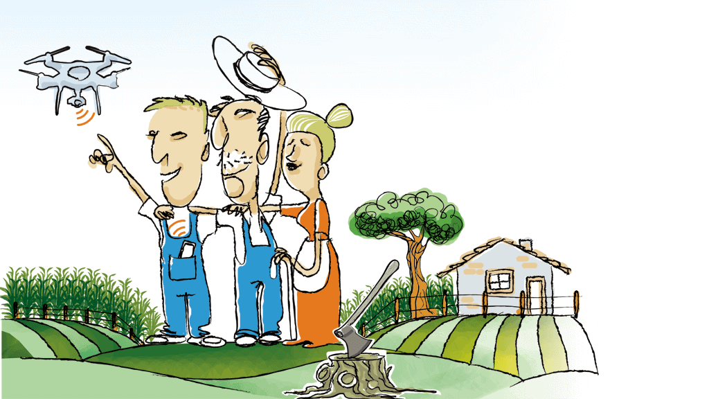 ilustração em estilo cartoon que retrata a introdução da tecnologia na agricultura tradicional. Em um cenário