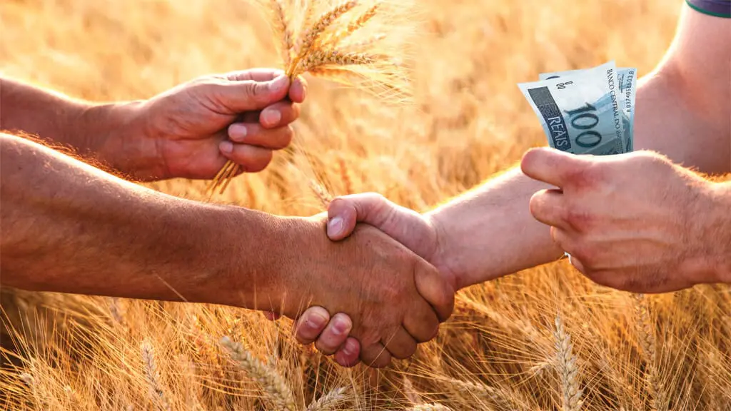 aperto de mãos entre dois homens em meio a uma plantação de trigo dourada e ensolarada. Um dos homens, co