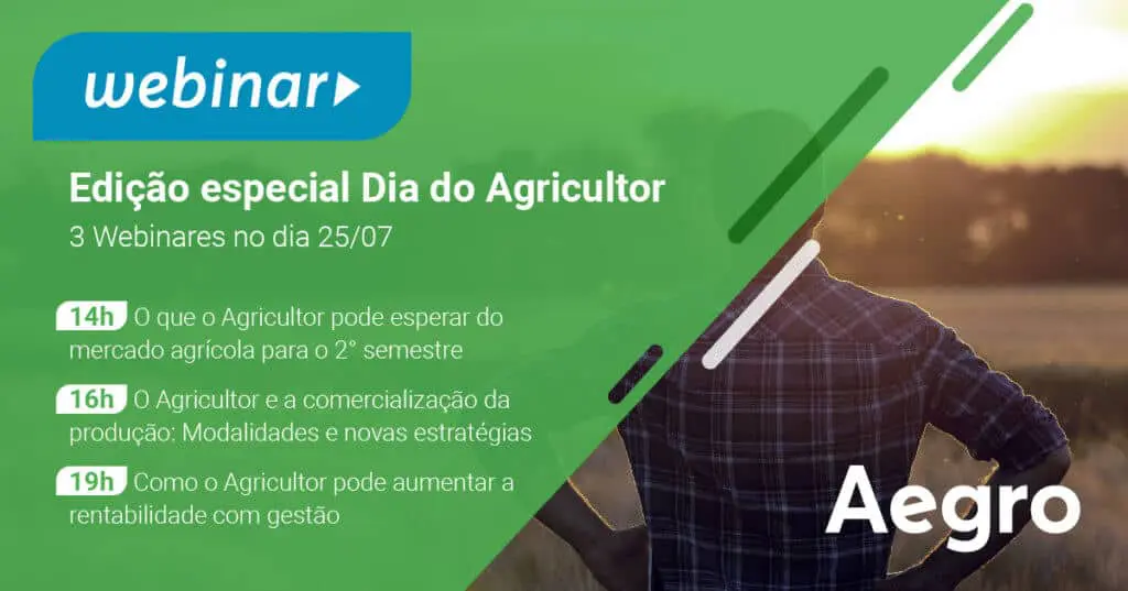 banner promocional para uma série de webinars organizados pela Aegro em comemoração ao Dia do Agricultor. O des