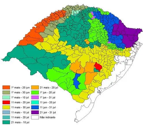 mapa do estado do Rio Grande do Sul, detalhadamente dividido por municípios e colorido em diferentes zonas.